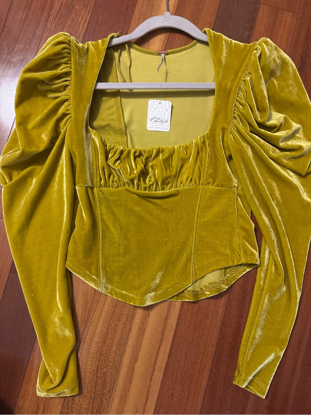 Free People Velvet Puff Sleeve Square Neck Top - Chartreuse